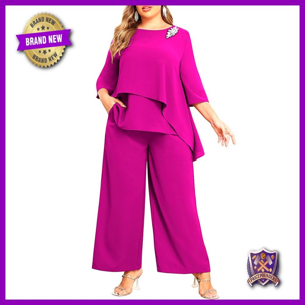 Plus Size Dressy Pant Suit 2-Piece Outfit with Pockets Wedding Guest Formal